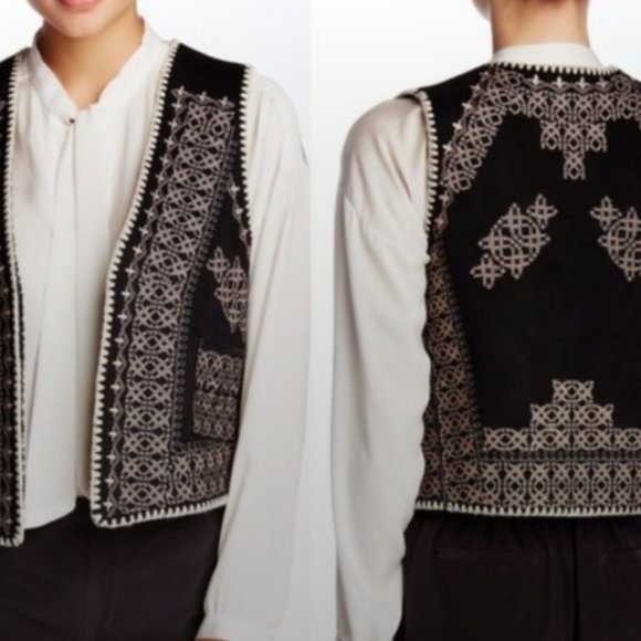 GYPSY Black tan embroidered suede shearling vest - Picture 5 of 7